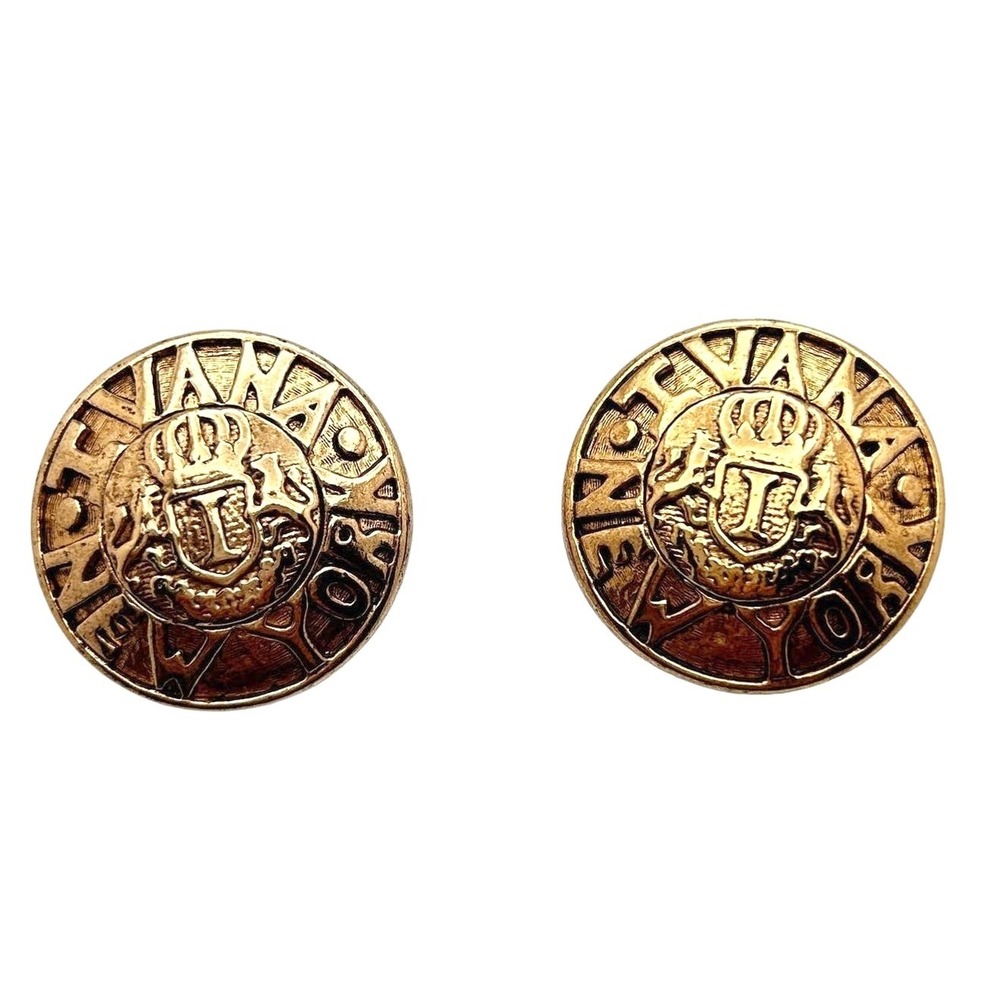 IVANA‎ New York Clip On Earrings Gold Crest Logo Vintage Round Statement